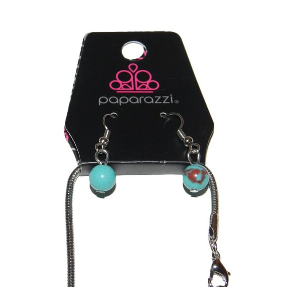 Paparazzi 3 Piece Crackle Turquoise Set Necklace Earrings Bracelet - Picture 10 of 16